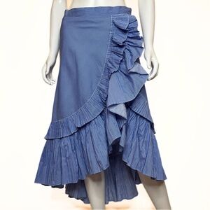 Chicwish Blue Stripe Ruffle Tiered Frill Asymmetrical High Low Skirt Women SZ M
